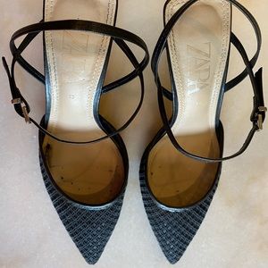 Zara black net ankle strap heels